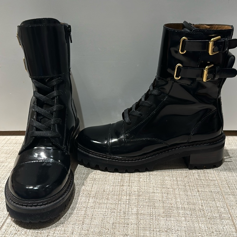 See By Chloe Mallory Combat Boots in Shiny Black